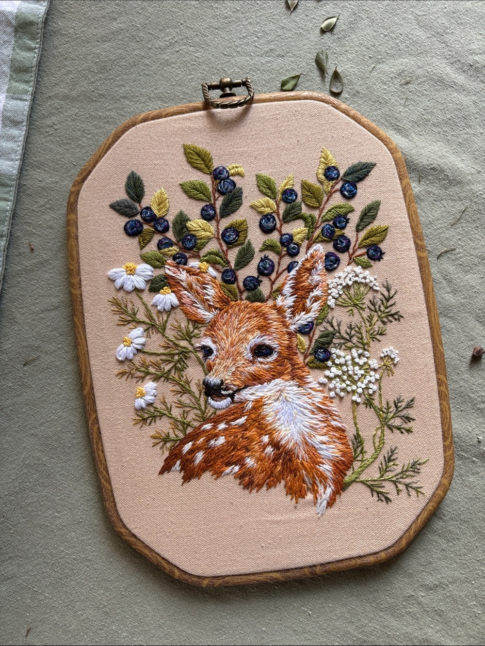Hand-Embroidered Deer Portrait Wall Hanging in Peach and Brown